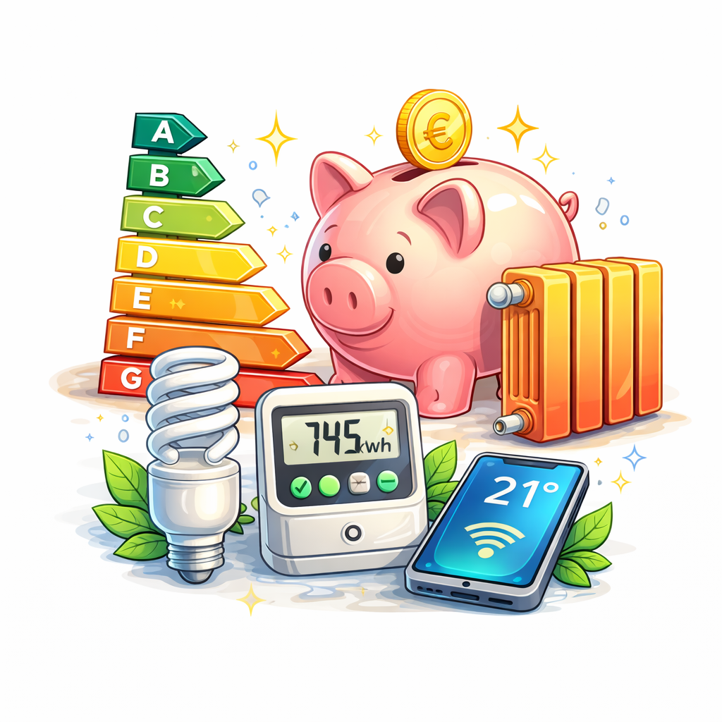Illustration für die Kategorie Energie sparen mit Sparschwein, Thermostat, Heizkörper und Energieskala