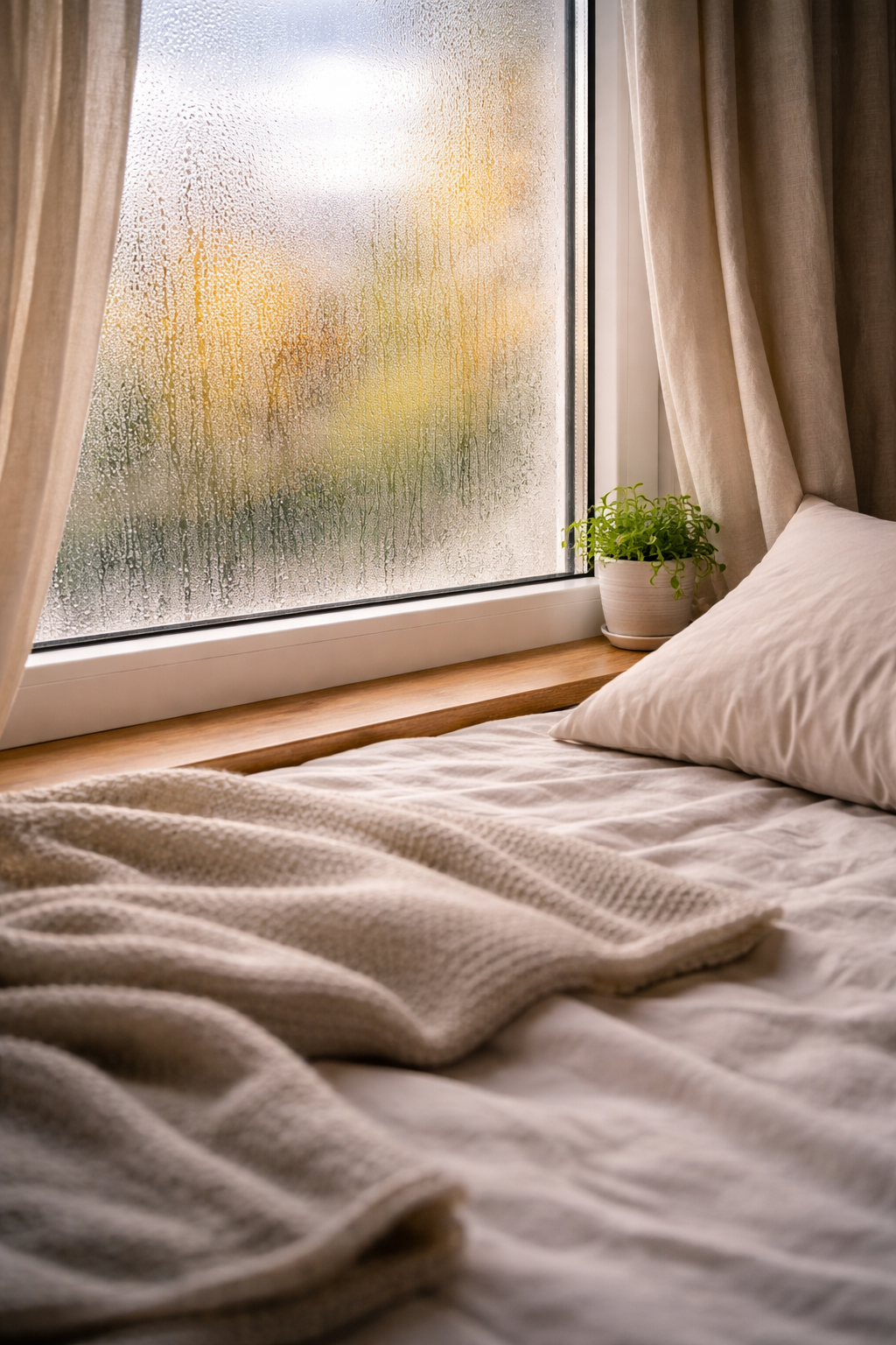 Beschlagenes Fenster im Schlafzimmer am Morgen mit Bett, Kissen, Decke und Pflanze als Symbolbild für Feuchtigkeit an Fenstern