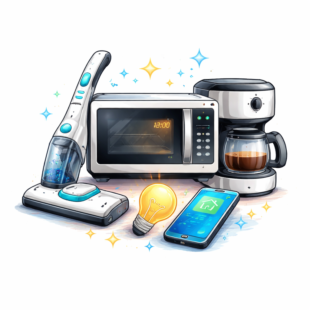 Illustration für die Kategorie Geräte mit Haushaltsgeräten, Smart-Home-App und Lampe