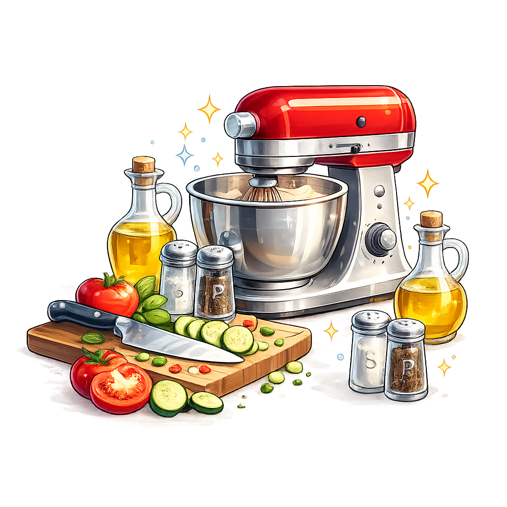 Illustration für die Kategorie Küche mit Küchenmaschine, Schneidebrett, Gemüse und Ölflaschen