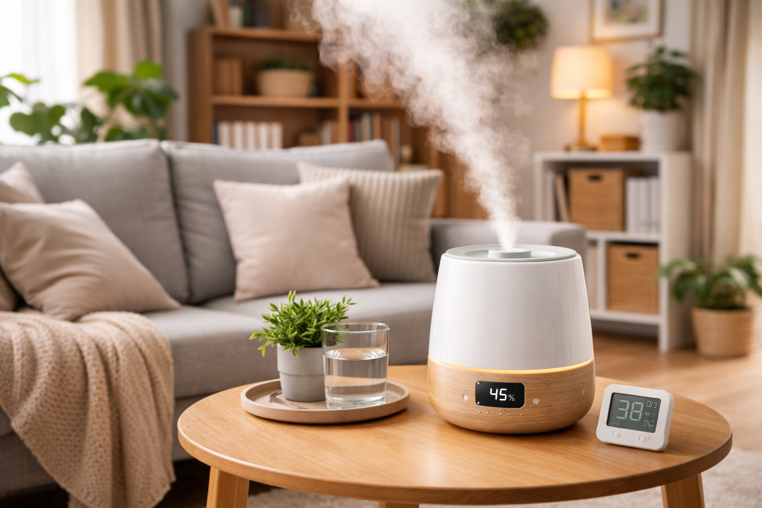 Kompakter Luftbefeuchter auf einem runden Holztisch im Wohnzimmer neben Hygrometer und Glas Wasser als Beispiel für trockene Luft in der Wohnung.