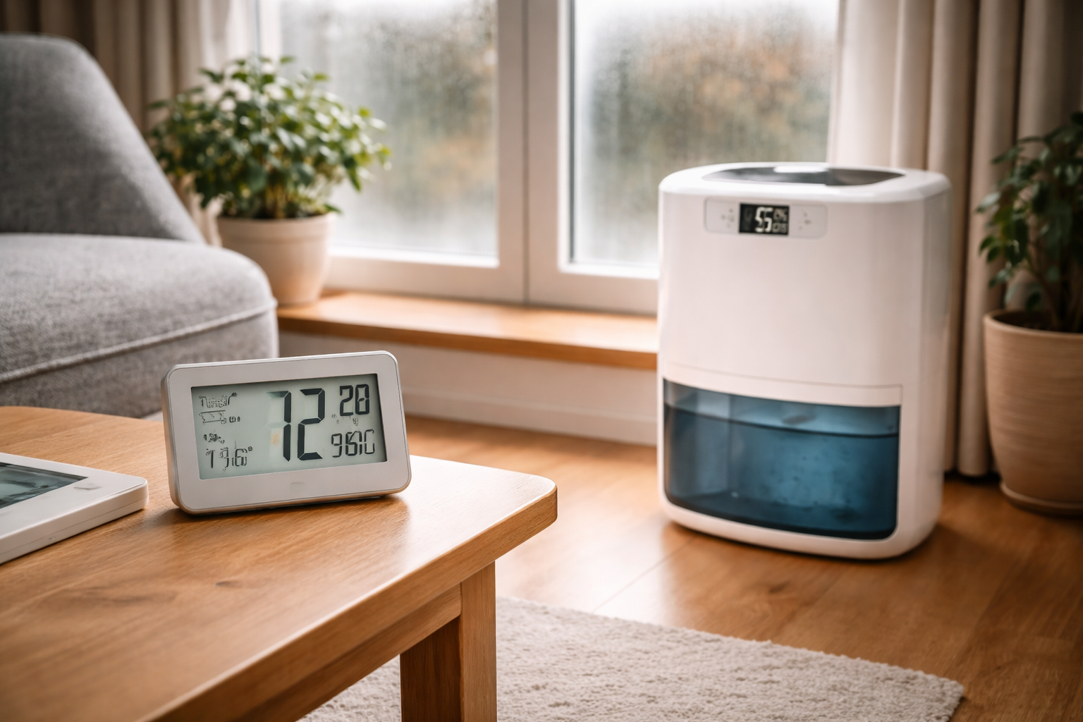 Graues Hygrometer auf einem Holztisch vor einem Luftentfeuchter in einem Wohnzimmer mit beschlagenem Fenster als Beispiel für hohe Luftfeuchtigkeit in der Wohnung.