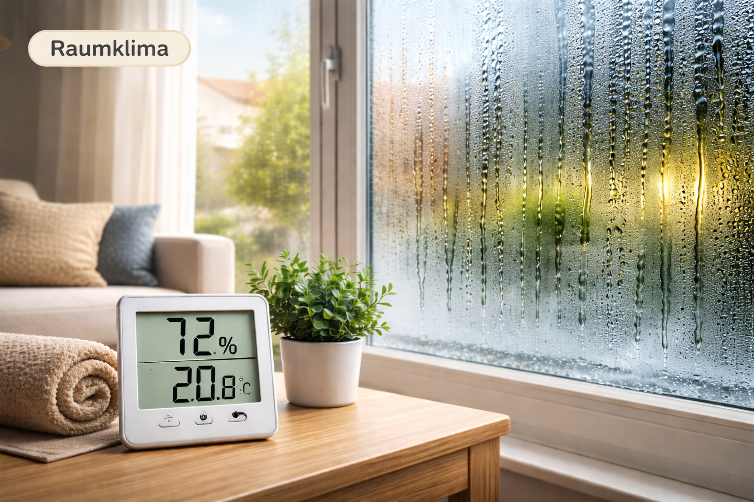 Zu hohe Luftfeuchtigkeit in der Wohnung mit beschlagenem Fenster und Hygrometer