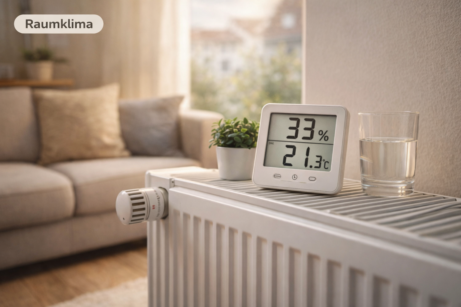 Zu trockene Luft in der Wohnung mit Hygrometer auf Heizkörper und Raumklima-Label