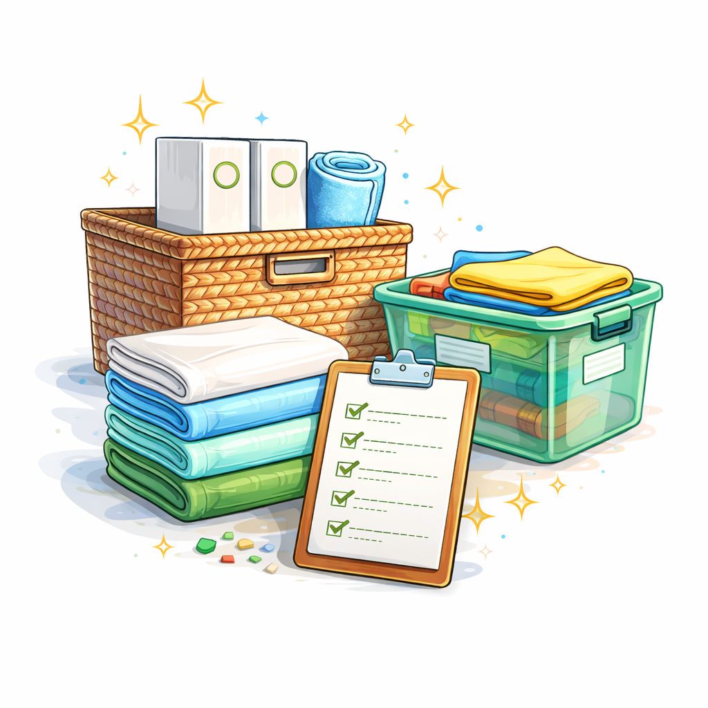 Illustration für die Kategorie Ordnung mit Aufbewahrungsboxen, gefalteten Textilien und Checkliste