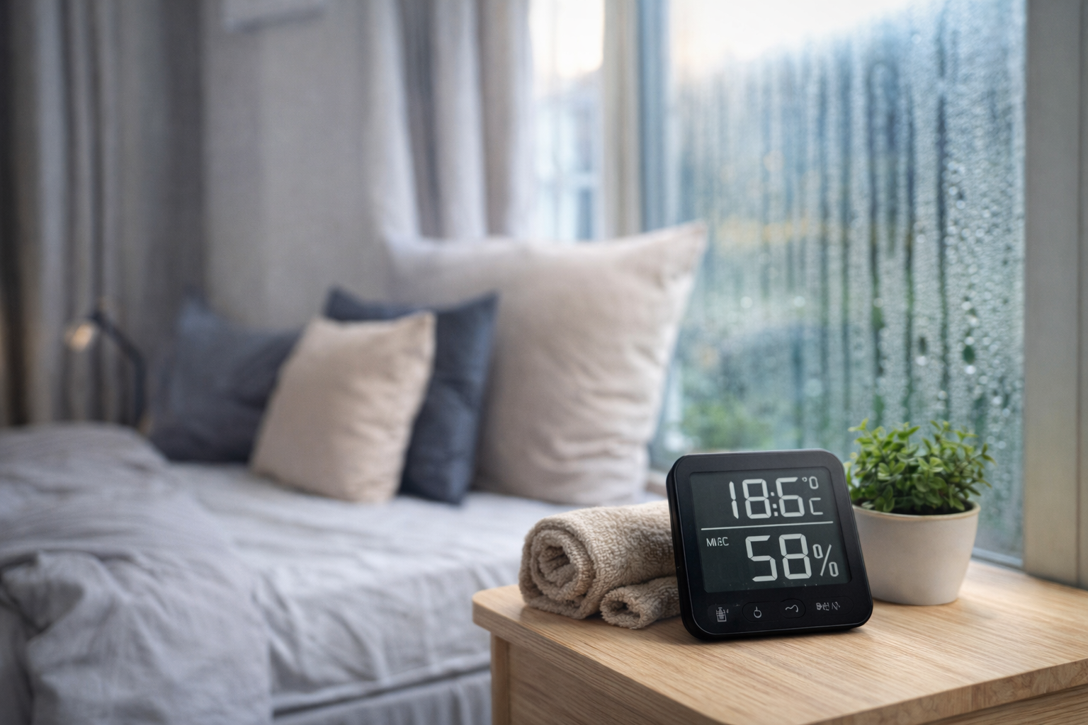 Schlafzimmer mit beschlagenem Fenster, Bett und schwarzem Hygrometer auf einem Nachttisch zur Veranschaulichung von Raumklima und Luftfeuchtigkeit