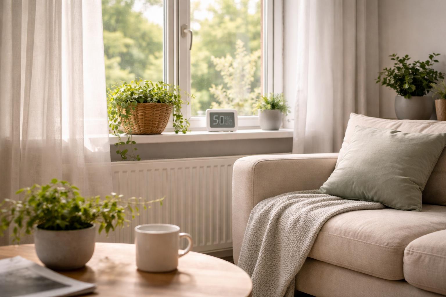 Helles Wohnzimmer mit Fenster, Pflanzen und Hygrometer auf der Fensterbank als Symbol für besseres Raumklima in der Wohnung