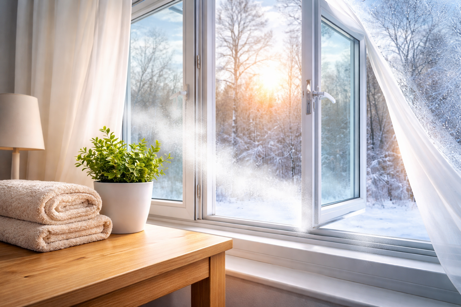Geöffnetes Fenster im Winter mit Blick nach draußen, aufsteigender Frischluft, Pflanze und Handtüchern auf einer Fensterbank in heller Wohnung