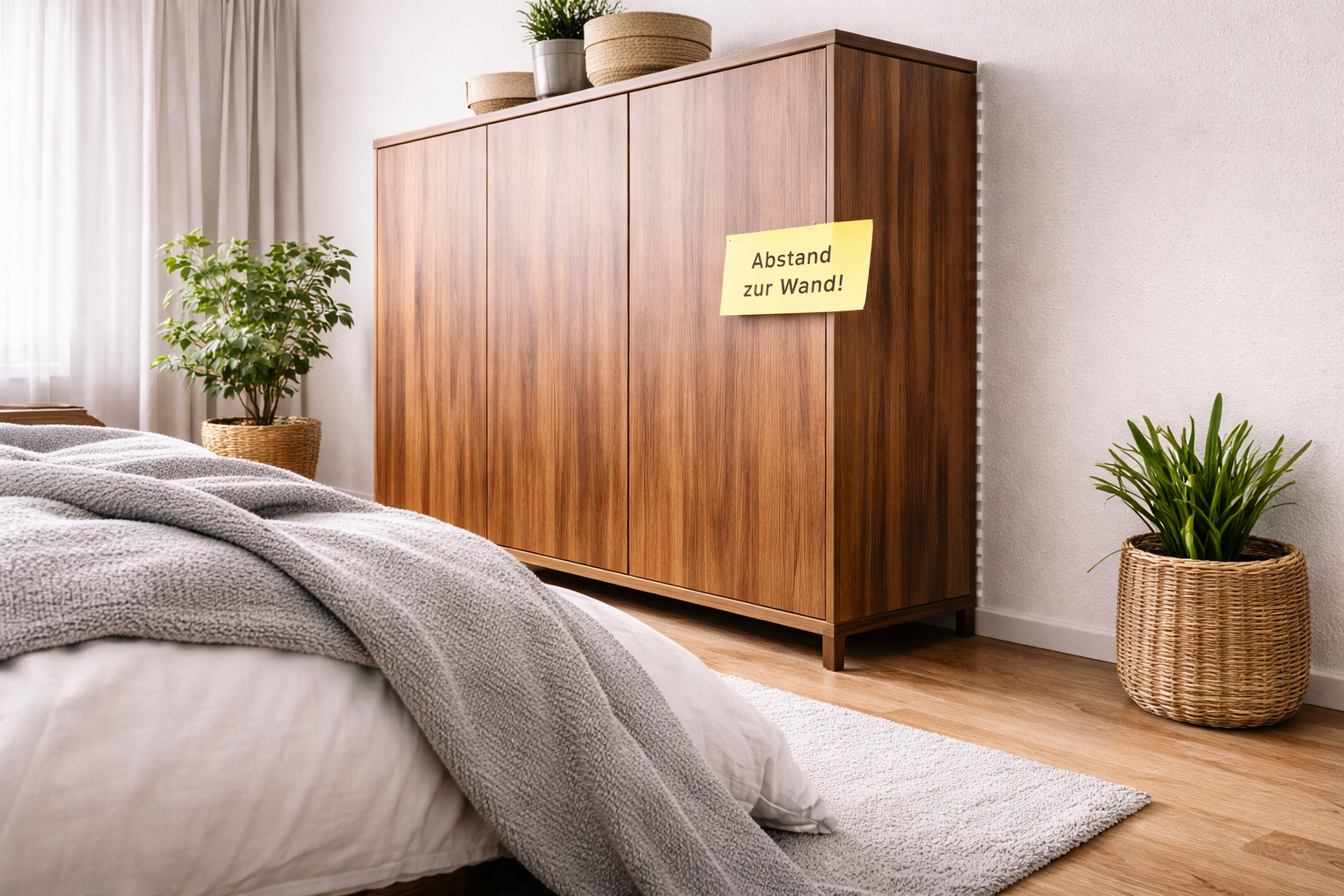 Moderner Schlafraum mit leicht von der Außenwand abgerücktem Holzschrank als Beispiel zur Vorbeugung von Schimmel hinter Möbeln