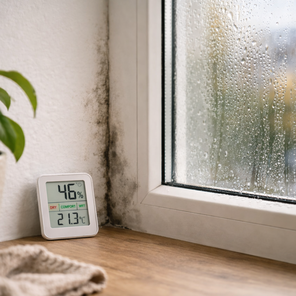 Fensterecke mit Kondenswasser, leichter dunkler Stelle an der Wand und digitalem Hygrometer auf einer Fensterbank in einer Wohnung