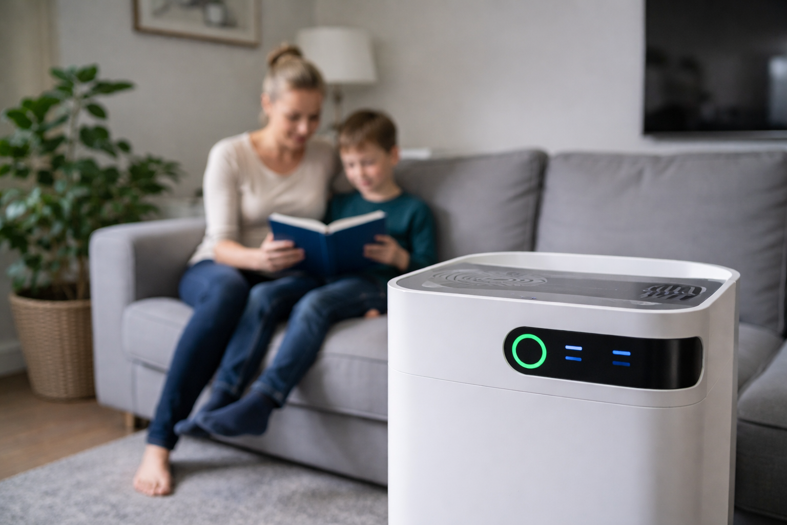 Luftreiniger im Wohnzimmer vor einem Sofa, auf dem eine Frau und ein Kind sitzen, als Beispiel für ein Gerät zur Verbesserung der Raumluft in der Wohnung